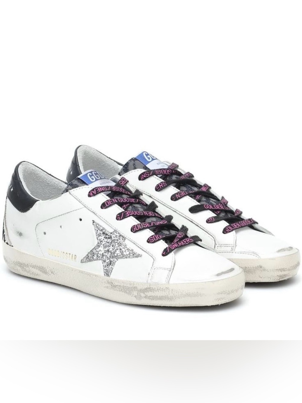 Golden Goose Sneakers with Silver Glitter Star, Black/Pink Laces, & Snake Heel